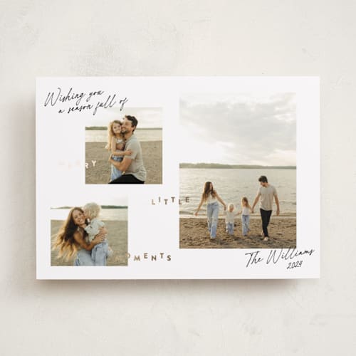 This is a snow foil pressed holiday cards with foil pressed by Robert and Stella called merry little moments printing on recycled smooth signature in standard