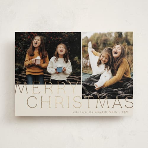 This is a camel foil pressed holiday cards with foil pressed by Brianne Larsen called levels printing on recycled smooth signature in standard