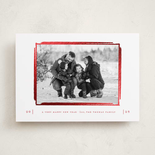 This is a cranberry foil pressed holiday cards with foil pressed by That Girl Press called gilded frame printing on recycled smooth signature in standard
