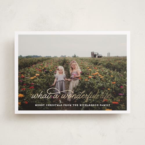 This is a snowflake foil pressed holiday cards with foil pressed by Leah Ragain called what a wonderful life printing on recycled smooth signature in standard