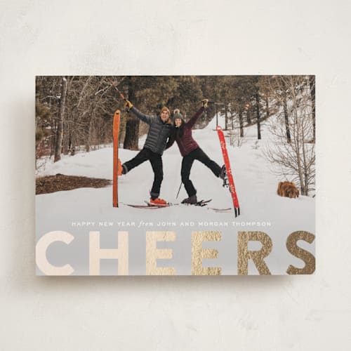This is a snowflake foil pressed holiday cards with foil pressed by Sara Hicks Malone called c h e e r s ! printing on recycled smooth signature in standard