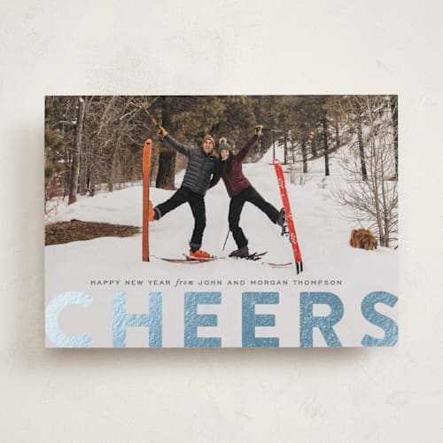 This is a smoke foil pressed holiday cards with foil pressed by Sara Hicks Malone called c h e e r s ! printing on recycled smooth signature in standard