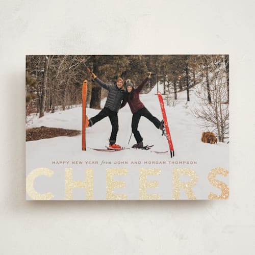 This is a toffee foil pressed holiday cards with foil pressed by Sara Hicks Malone called c h e e r s ! printing on recycled smooth signature in standard
