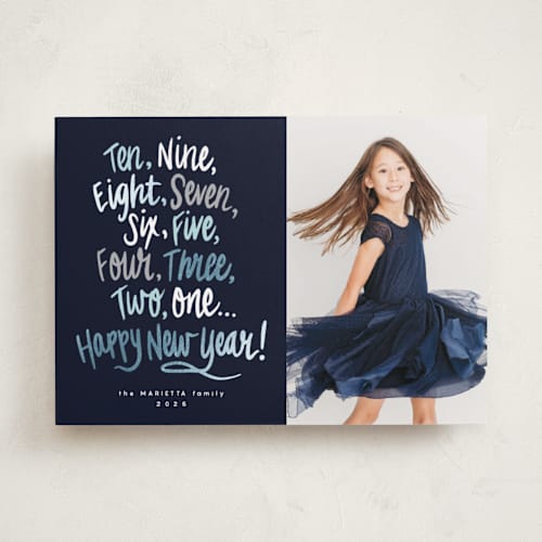 This is a midnight foil pressed holiday cards with foil pressed by Emily Sabol Goss called countdown! printing on recycled smooth signature in standard