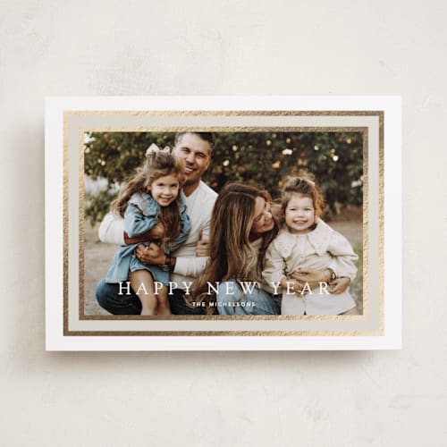 This is a vanilla foil pressed holiday cards with foil pressed by Stacey Meacham called layered frame printing on recycled smooth signature in standard