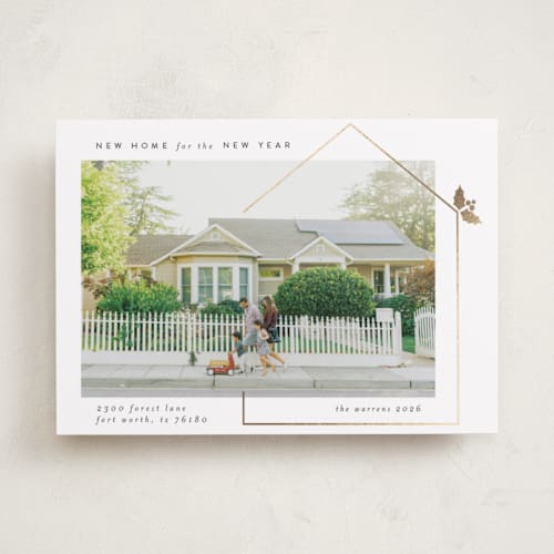 This is a light foil pressed holiday cards with foil pressed by Maja Cunningham called new home printing on recycled smooth signature in standard