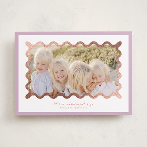 This is a sugar plum foil pressed holiday cards with foil pressed by Blustery August called party squiggle printing on recycled smooth signature in standard