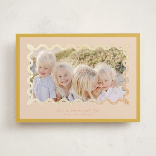 This is a mango foil pressed holiday cards with foil pressed by Blustery August called party squiggle printing on recycled smooth signature in standard