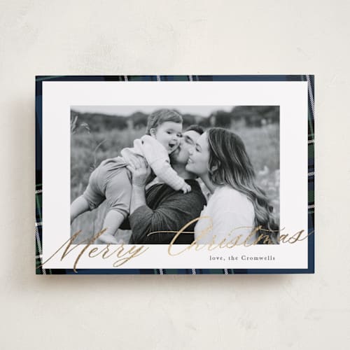 This is a navy foil pressed holiday cards with foil pressed by Cindy Reynolds called yule plaid printing on recycled smooth signature in standard
