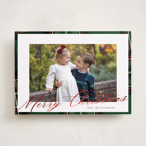 This is a hunter green foil pressed holiday cards with foil pressed by Cindy Reynolds called yule plaid printing on recycled smooth signature in standard