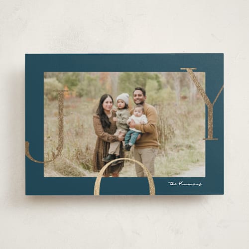 This is a night foil pressed holiday cards with foil pressed by Brianne Larsen called joy border printing on recycled smooth signature in standard