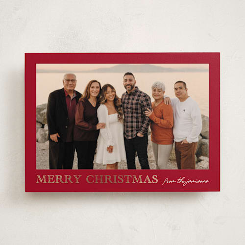 This is a cherry foil pressed holiday cards with foil pressed by Chris Griffith called engraved holiday printing on recycled smooth signature in standard