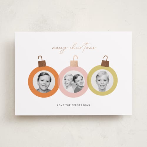 This is a retro foil pressed holiday cards with foil pressed by Itsy Belle Studio called baubles printing on recycled smooth signature in standard