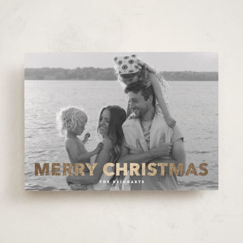 This is a linen foil pressed holiday cards with foil pressed by Angela Thompson called gilded printing on recycled smooth signature in standard