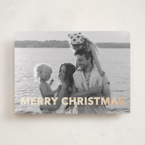 This is a champagne foil pressed holiday cards with foil pressed by Angela Thompson called gilded printing on recycled smooth signature in standard