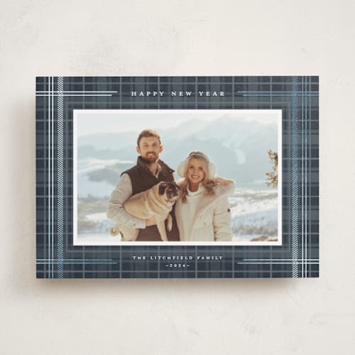 This is a navy foil pressed holiday cards with foil pressed by Wildfield Paper Co called flannel printing on recycled smooth signature in standard