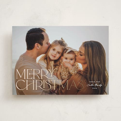 This is a snow foil pressed holiday cards with foil pressed by Pink House Press called stacked merry printing on recycled smooth signature in standard