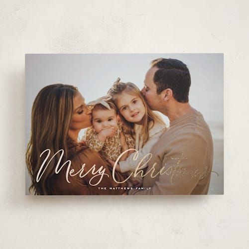 This is a sugar foil pressed holiday cards with foil pressed by Rebecca Durflinger called christmastime printing on recycled smooth signature in standard
