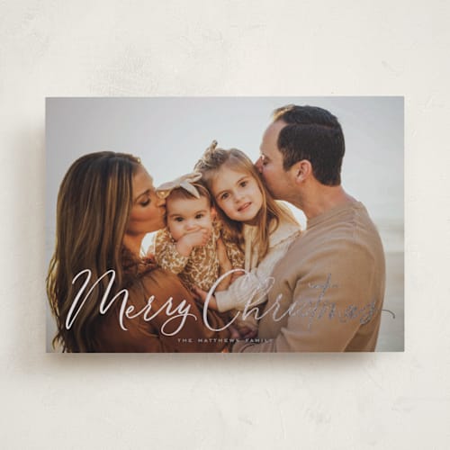 This is a tinsel foil pressed holiday cards with foil pressed by Rebecca Durflinger called christmastime printing on recycled smooth signature in standard