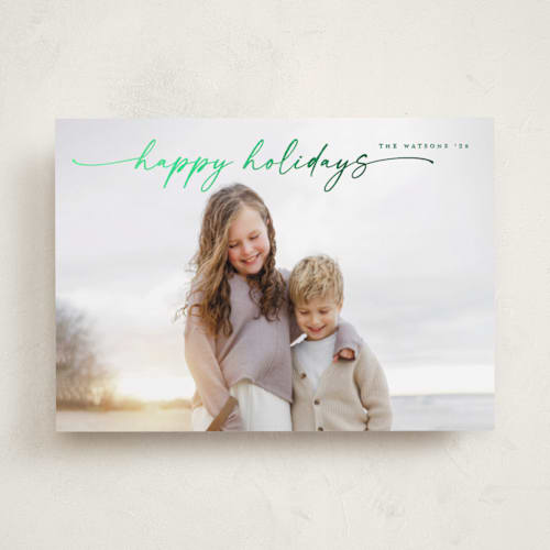 This is a wreath foil pressed holiday cards with foil pressed by Christy Hy Lee called simplicity printing on recycled smooth signature in standard
