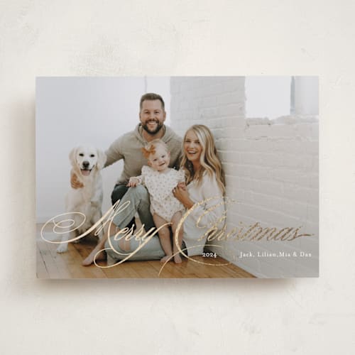 This is a snow foil pressed holiday cards with foil pressed by Ilze Lucero called stunningly scripted printing on recycled smooth signature in standard