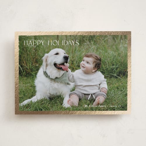 This is a sugar foil pressed holiday cards with foil pressed by Hooray Creative called gilded border printing on recycled smooth signature in standard