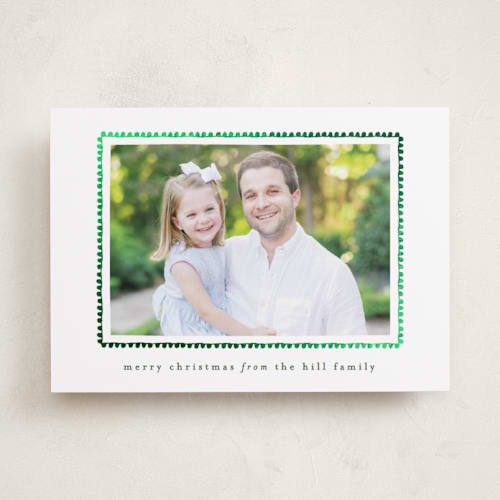 This is a evergreen foil pressed holiday cards with foil pressed by Sara Hicks Malone called hand drawn scallop printing on recycled smooth signature in standard