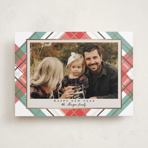This is a snow foil pressed holiday cards with foil pressed by Petra Kern called fancy plaid printing on recycled smooth signature in standard