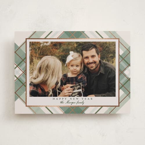 This is a vanilla foil pressed holiday cards with foil pressed by Petra Kern called fancy plaid printing on recycled smooth signature in standard