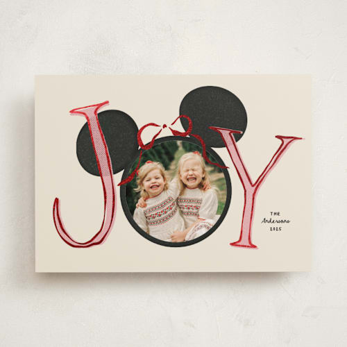 This is a champagne foil pressed holiday cards with foil pressed by Kamala Nahas called disney mickey o joy printing on recycled smooth signature in standard
