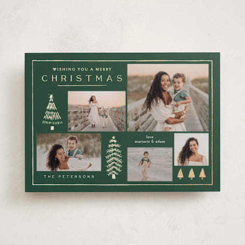 This is a spruce foil pressed holiday cards with foil pressed by Amy Kross called forest collage printing on recycled smooth signature in standard