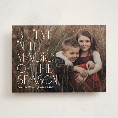 This is a white gloves foil pressed holiday cards with foil pressed by Carrie ONeal called disney mickey golden magic printing on recycled smooth signature in standard