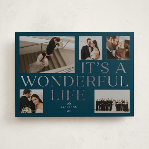 This is a midnight foil pressed holiday cards with foil pressed by Paula Pecevich called it's a wonderful life printing on recycled smooth signature in standard