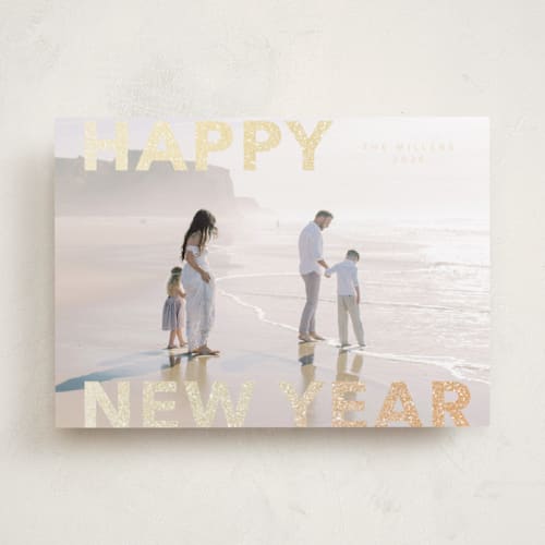 This is a champagne foil pressed holiday cards with foil pressed by Angela Thompson called modern type printing on recycled smooth signature in standard