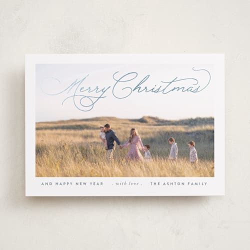 This is a steely frost foil pressed holiday cards with foil pressed by Design Lotus called softly merry printing on recycled smooth signature in standard