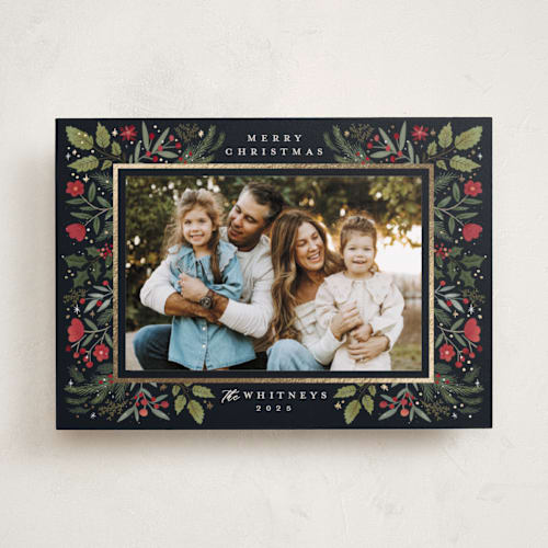 This is a midnight foil pressed holiday cards with foil pressed by Makewells called shiny botanicals printing on recycled smooth signature in standard