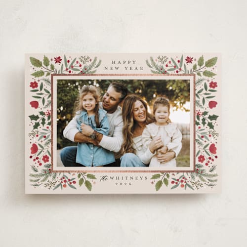This is a cream foil pressed holiday cards with foil pressed by Makewells called shiny botanicals printing on recycled smooth signature in standard