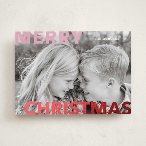 This is a candy cane foil pressed holiday cards with foil pressed by Angela Thompson called merry & bold printing on recycled smooth signature in standard