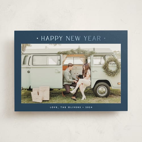 This is a navy foil pressed holiday cards with foil pressed by Carolyn MacLaren called dotted printing on recycled smooth signature in standard