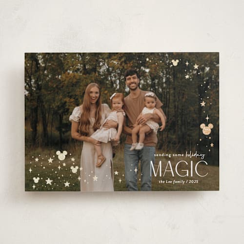 This is a mickey gloves foil pressed holiday cards with foil pressed by Danie Romrell called disney mickey holiday magic printing on recycled smooth signature in standard