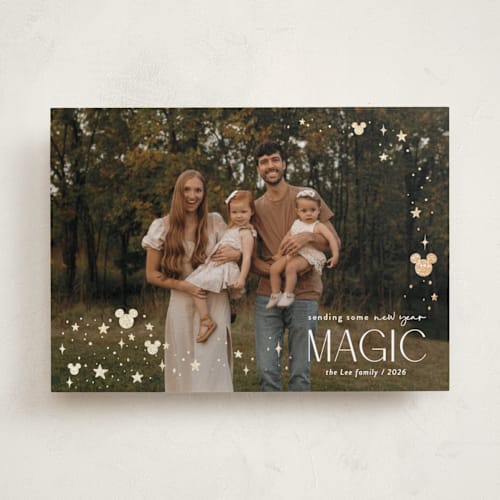 This is a mickey gloves foil pressed holiday cards with foil pressed by Danie Romrell called disney mickey holiday magic printing on recycled smooth signature in standard