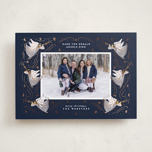 This is a holy night foil pressed holiday cards with foil pressed by Brooke Chandler called hark angels sing printing on recycled smooth signature in standard