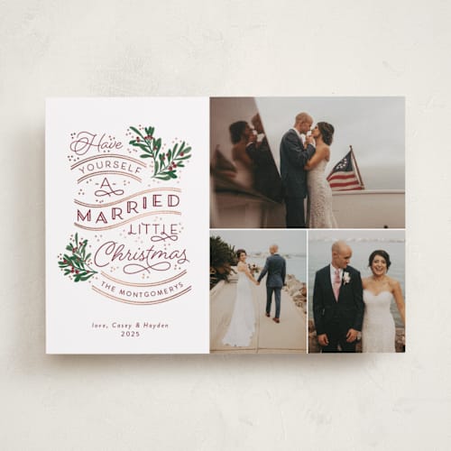 This is a cranberry foil pressed holiday cards with foil pressed by Sarah Brown called a little married printing on recycled smooth signature in standard