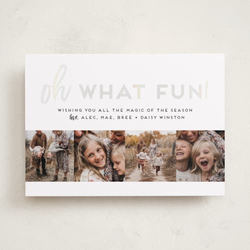 This is a black rhodium gloss press holiday cards with gloss press by Alexandra Cohn called oh what fun quad printing on recycled smooth signature in standard