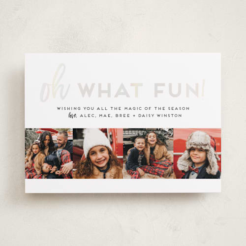 This is a black rhodium gloss press holiday cards with gloss press by Alexandra Cohn called oh what fun quad printing on recycled smooth signature in standard
