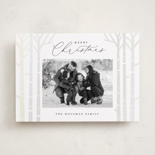 This is a snow gloss press holiday cards with gloss press by Brooke Chandler called birch trees printing on recycled smooth signature in standard