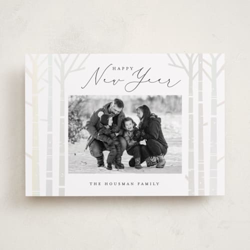 This is a snow gloss press holiday cards with gloss press by Brooke Chandler called birch trees printing on recycled smooth signature in standard