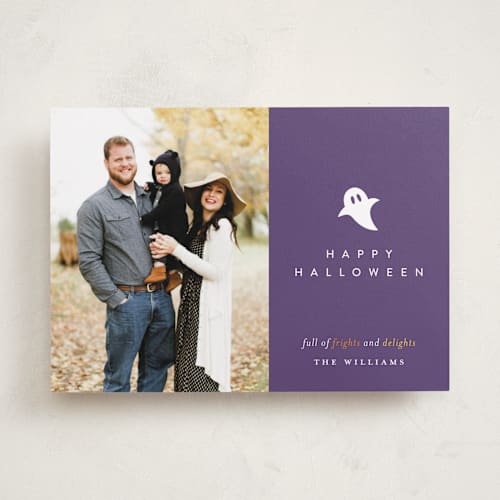 This is a mixed berry halloween party invitations cards by Robin Ott called little boo printing on recycled smooth signature in standard