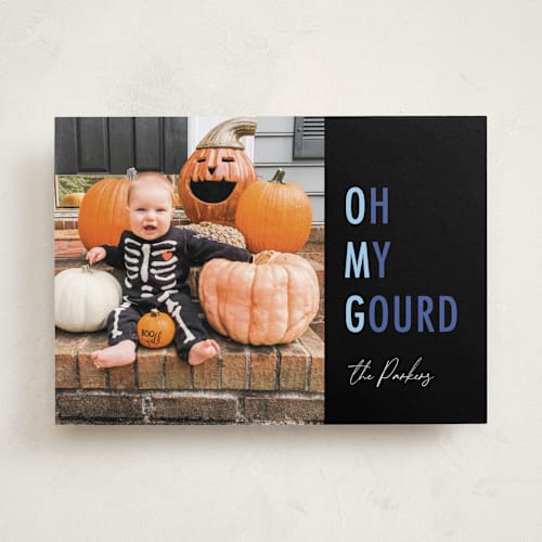 This is a frost halloween party invitations cards by Dawn Pope called oh my gourd printing on recycled smooth signature in standard