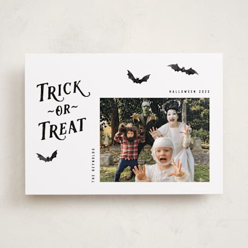 This is a onyx halloween party invitations cards by Hooray Creative called trick-or-treat printing on recycled smooth signature in standard